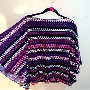 Marc Bouwer fun printed blouse with flowing arms, pinks and purple coloring